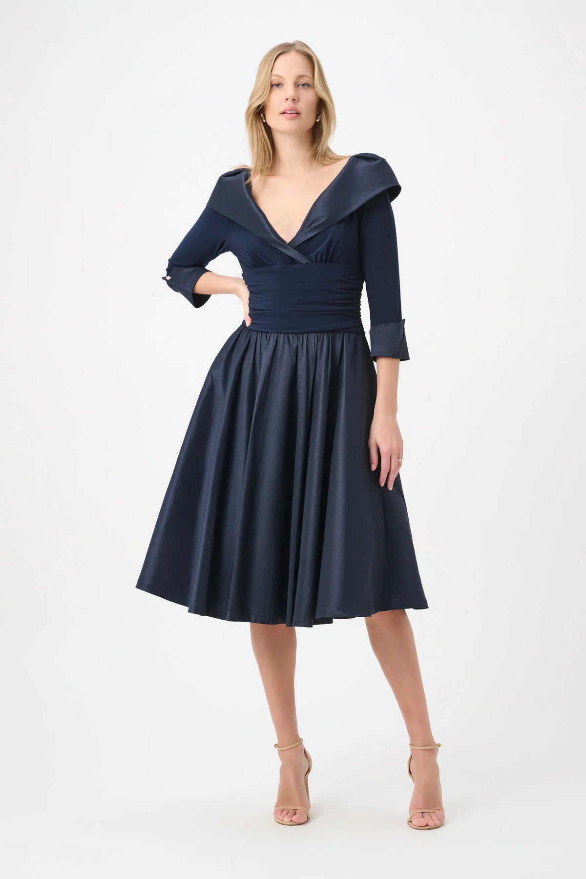 Joseph Ribkoff Midnight Blue V-Neck Lapel Fit &amp; Flare Dress