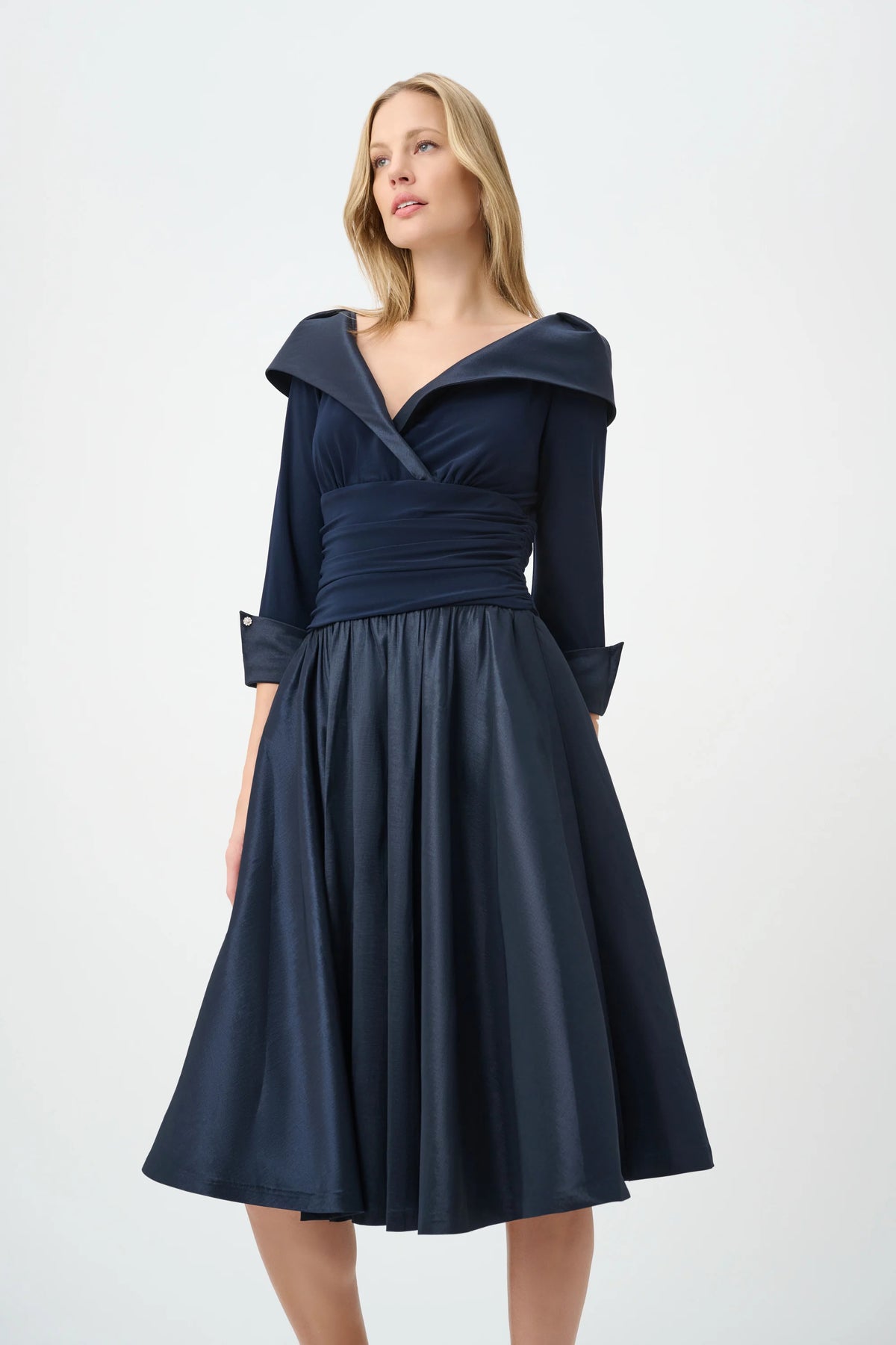 Joseph Ribkoff Midnight Blue V-Neck Lapel Fit &amp; Flare Dress