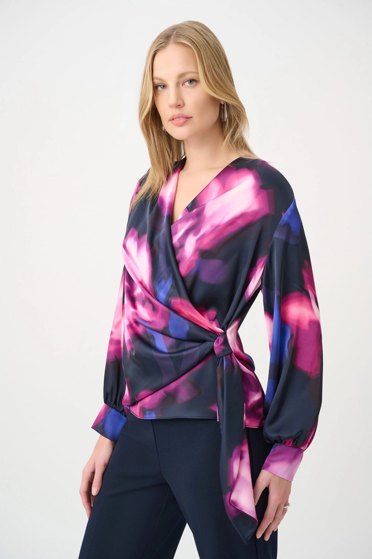 Joseph Ribkoff Midnight Blue/Multi Floral Print Satin Wrap Top