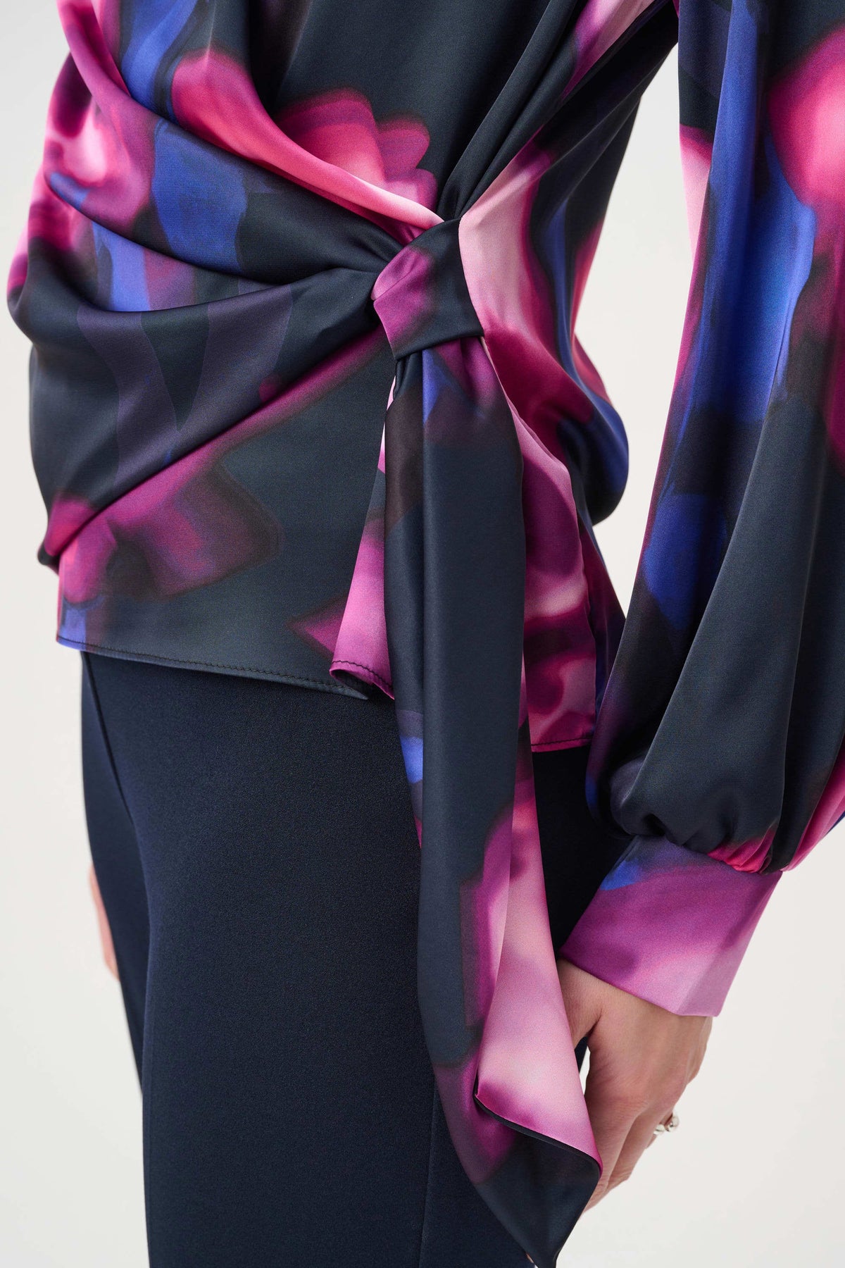 Joseph Ribkoff Midnight Blue/Multi Floral Print Satin Wrap Top