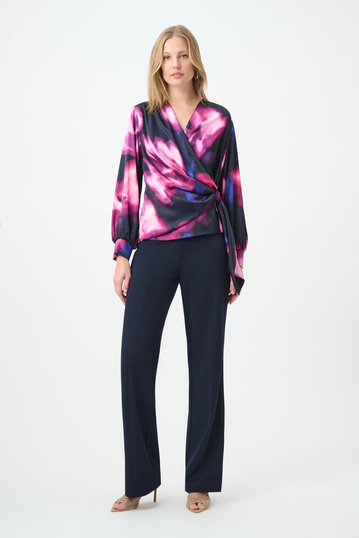 Joseph Ribkoff Midnight Blue/Multi Floral Print Satin Wrap Top