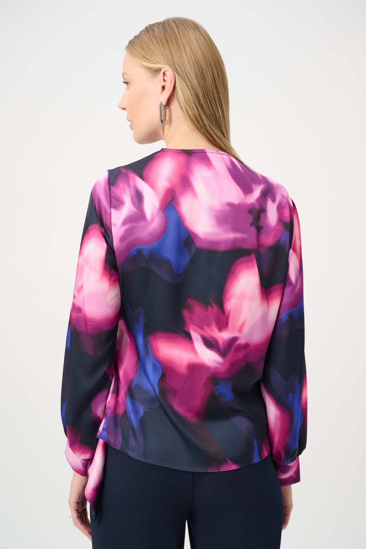 Joseph Ribkoff Midnight Blue/Multi Floral Print Satin Wrap Top