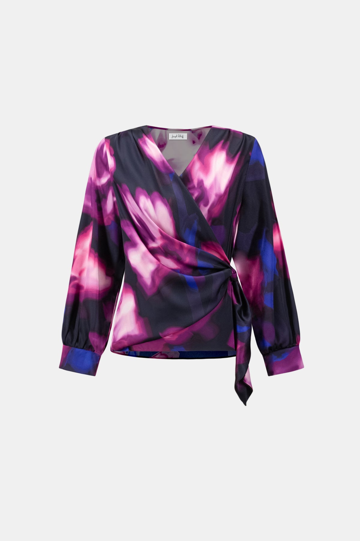 Joseph Ribkoff Midnight Blue/Multi Floral Print Satin Wrap Top
