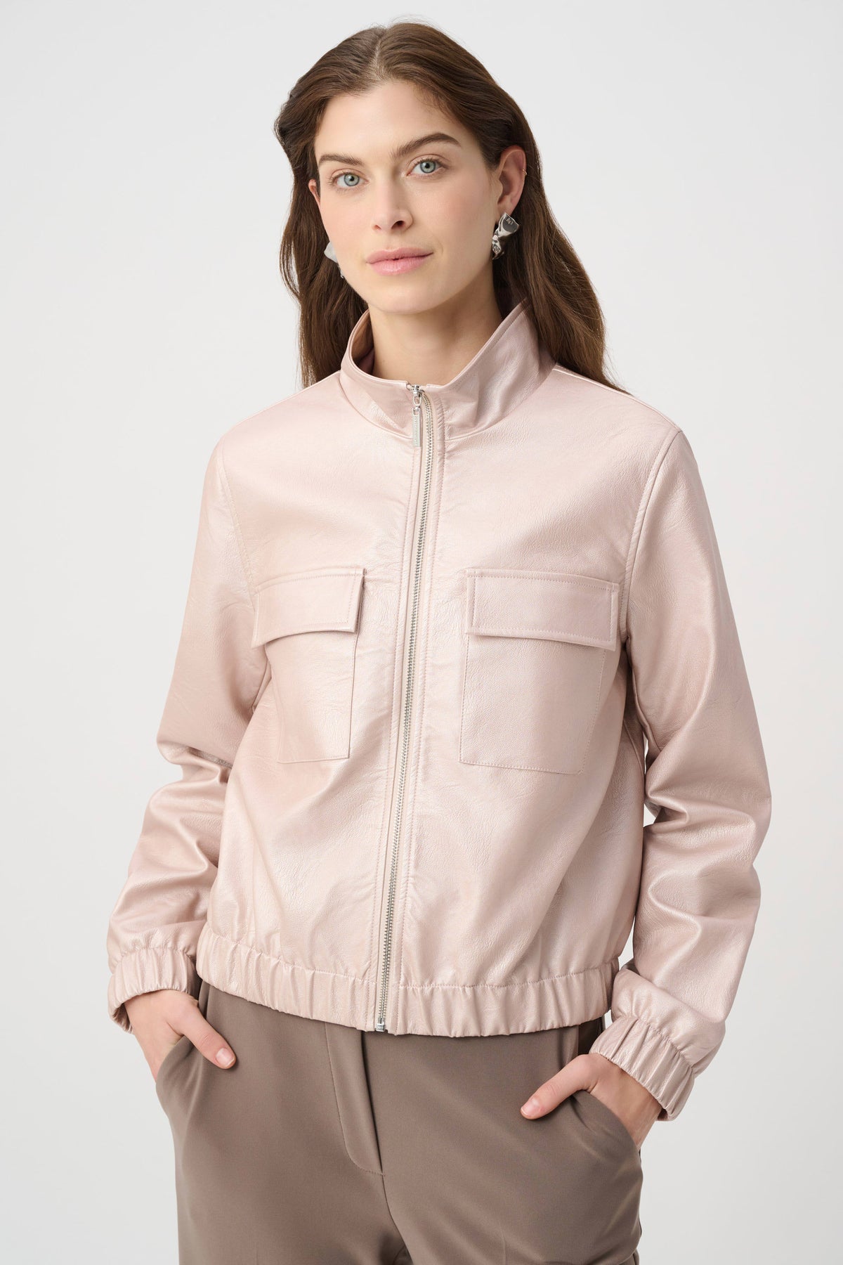 Joseph Ribkoff Pearl Blush Metallic Leatherette Bomber Jacket