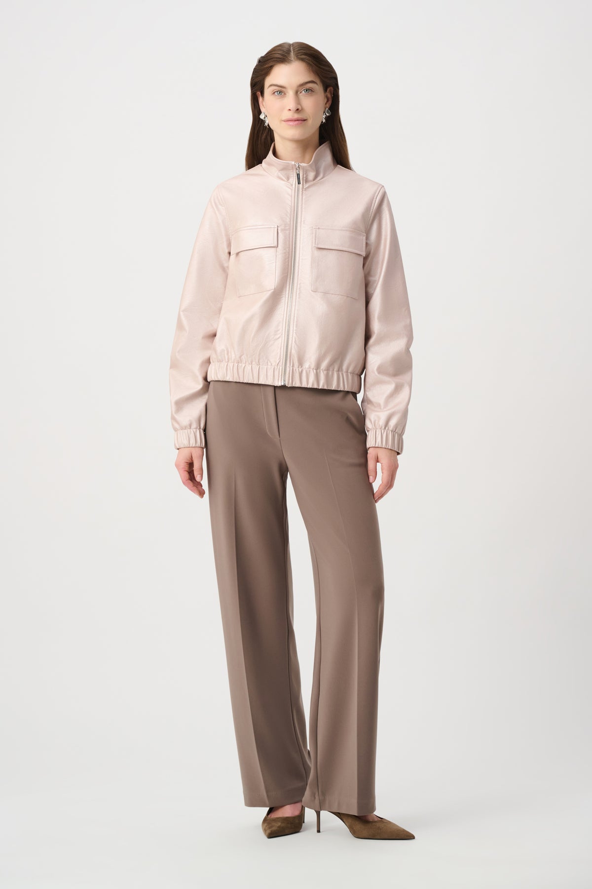 Joseph Ribkoff Pearl Blush Metallic Leatherette Bomber Jacket