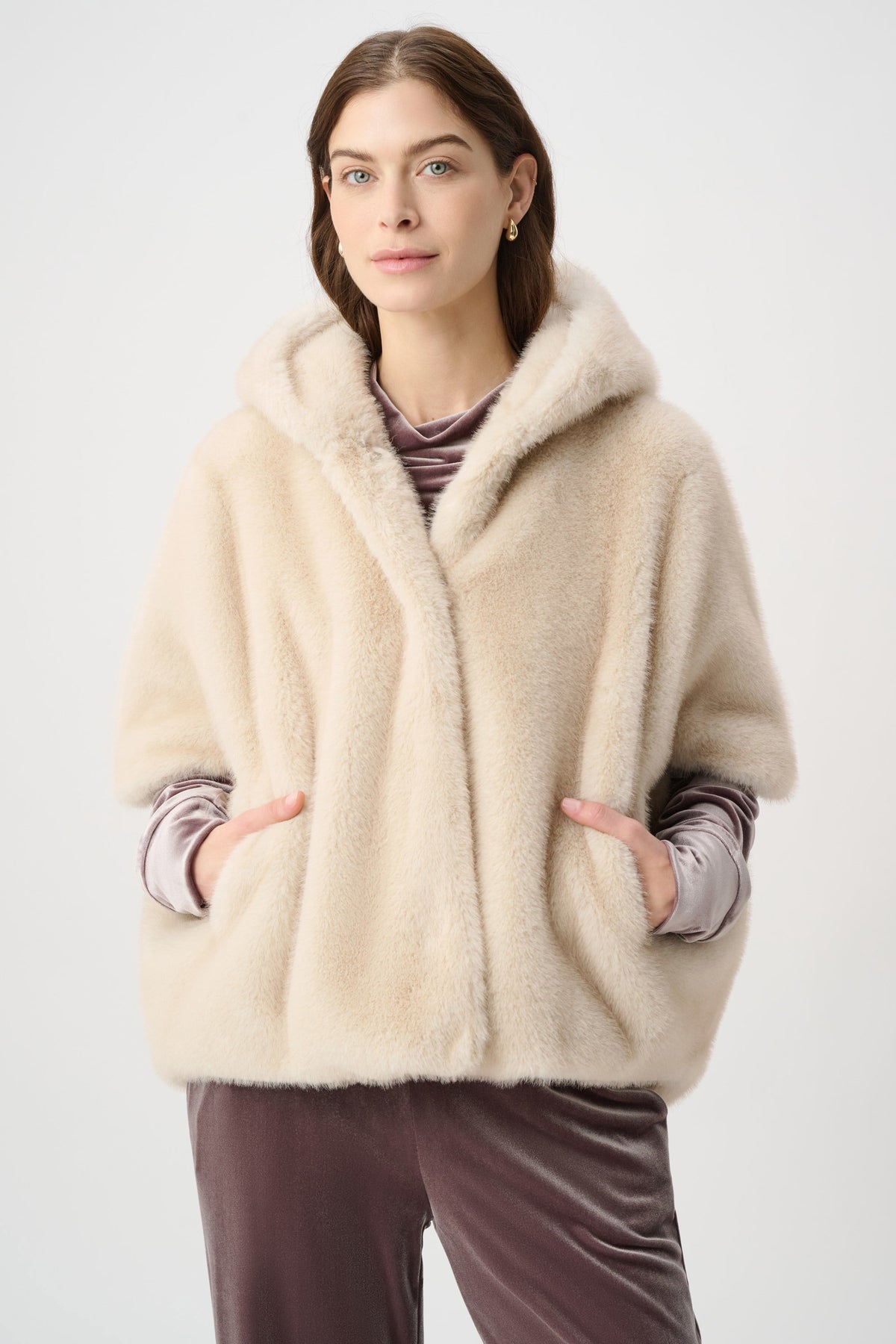 Joseph Ribkoff Almond Short‑Sleeve Faux Fur Cocoon Coat