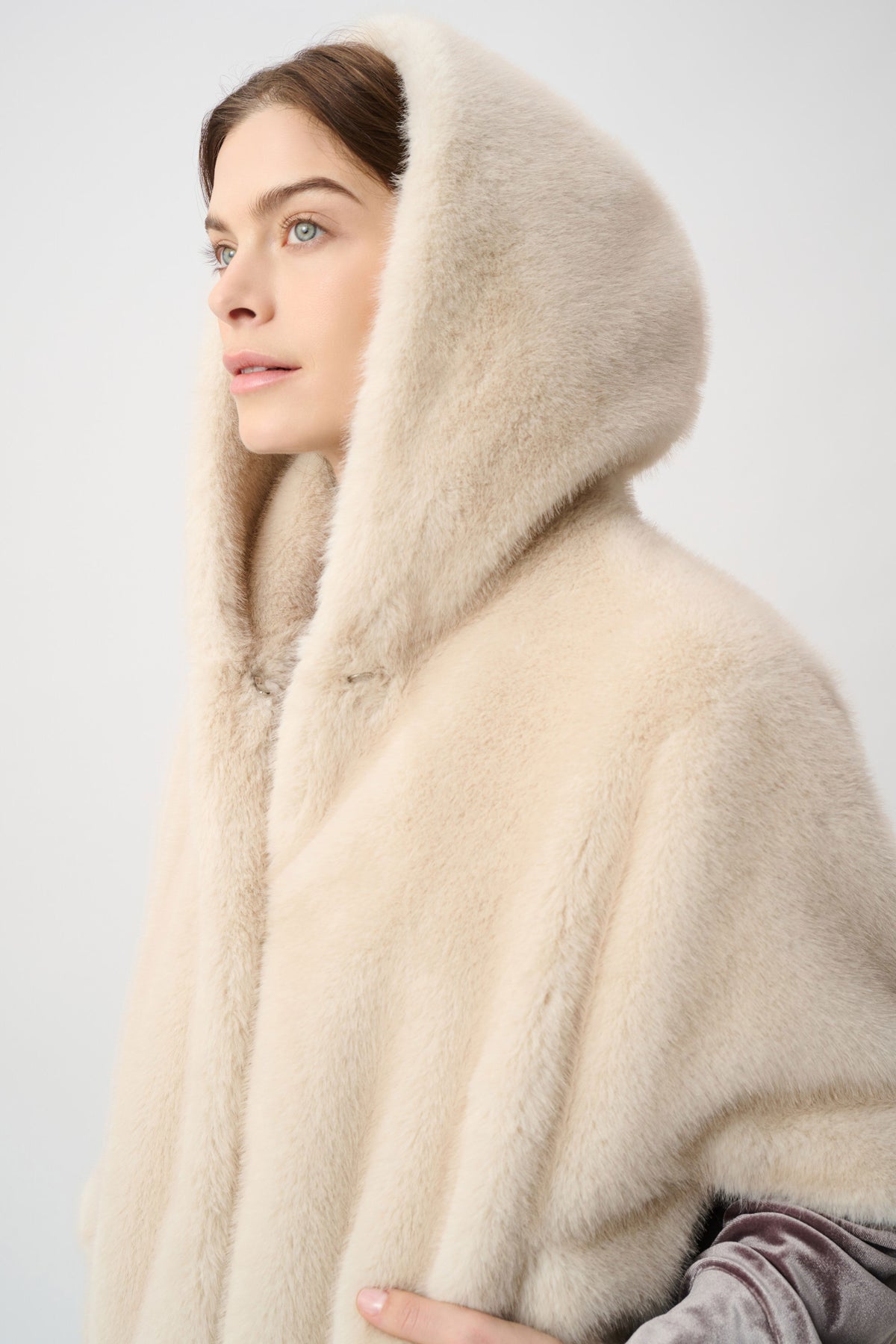 Joseph Ribkoff Almond Short‑Sleeve Faux Fur Cocoon Coat