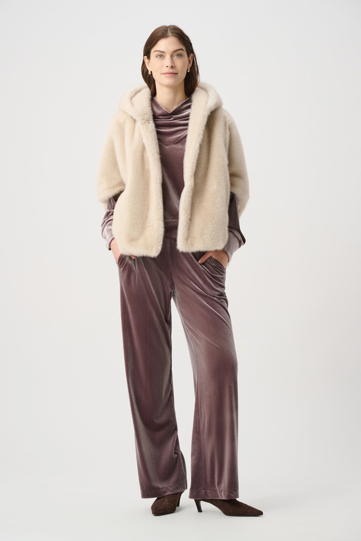 Joseph Ribkoff Almond Short‑Sleeve Faux Fur Cocoon Coat