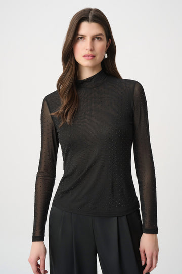Joseph Ribkoff Black Rhinestone Mesh Long Sleeve Top