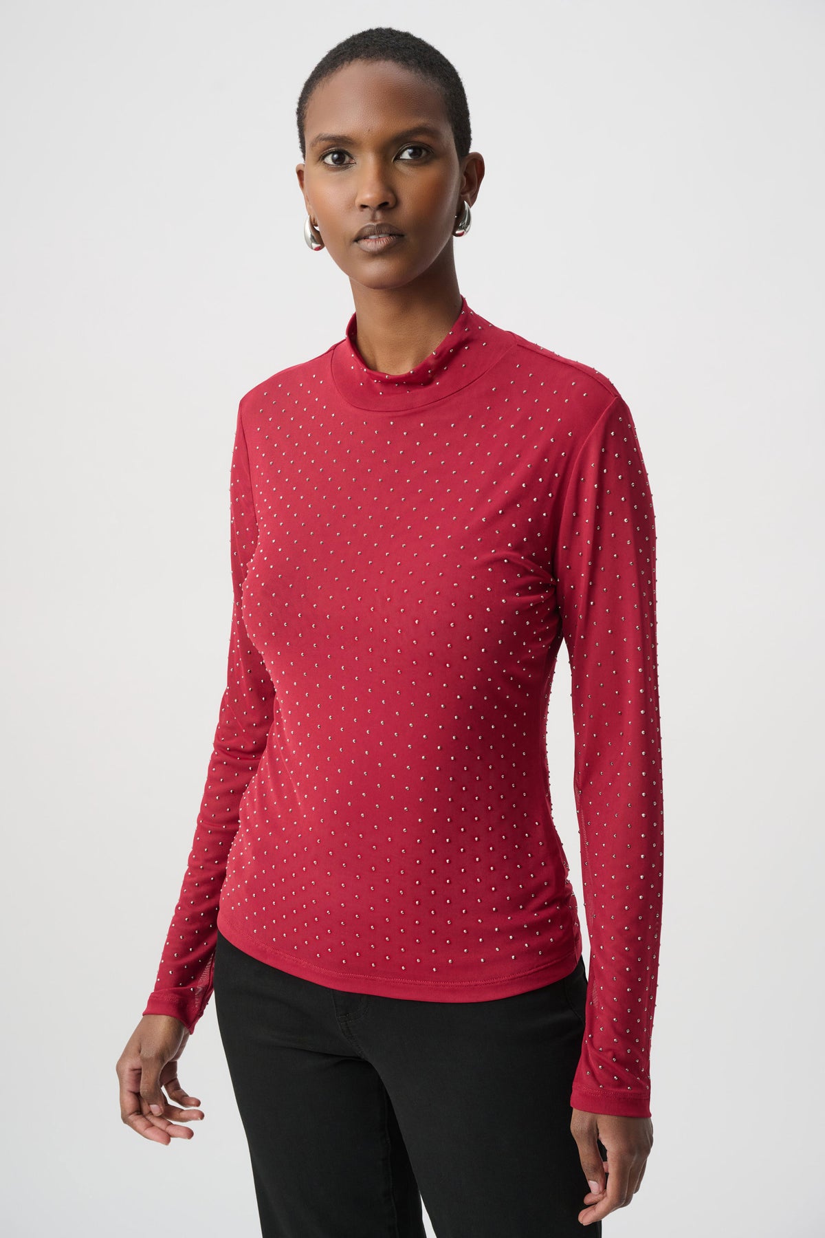 Joseph Ribkoff Deep Cherry Rhinestone Mesh Long Sleeve Top