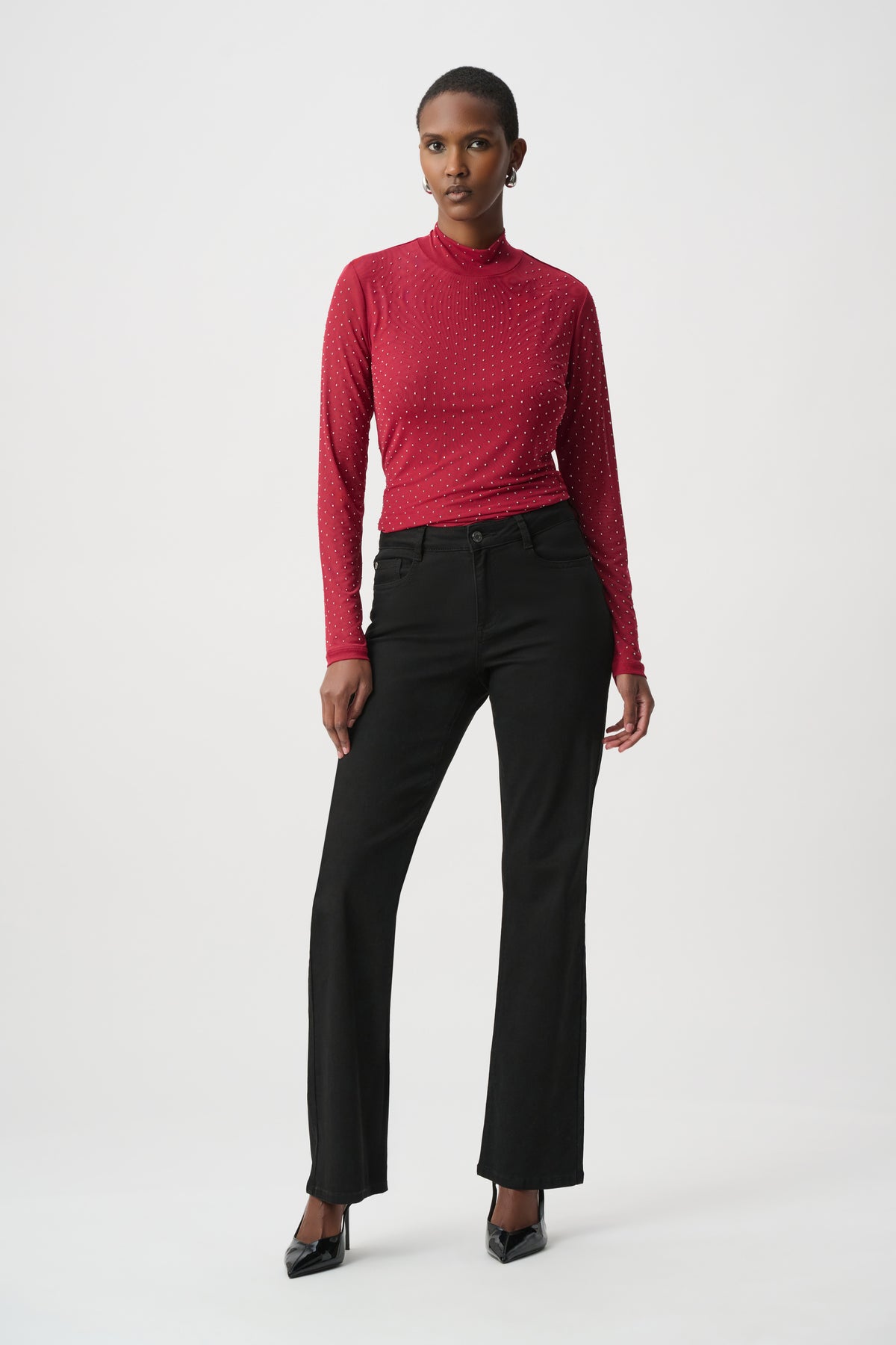 Joseph Ribkoff Deep Cherry Rhinestone Mesh Long Sleeve Top
