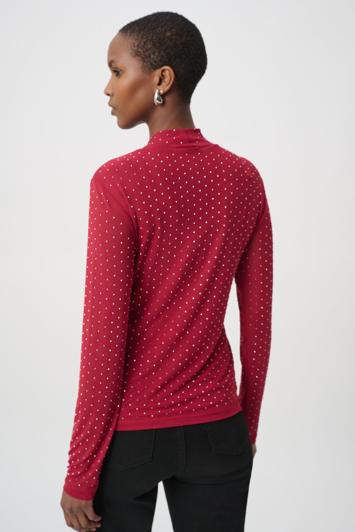 Joseph Ribkoff Deep Cherry Rhinestone Mesh Long Sleeve Top