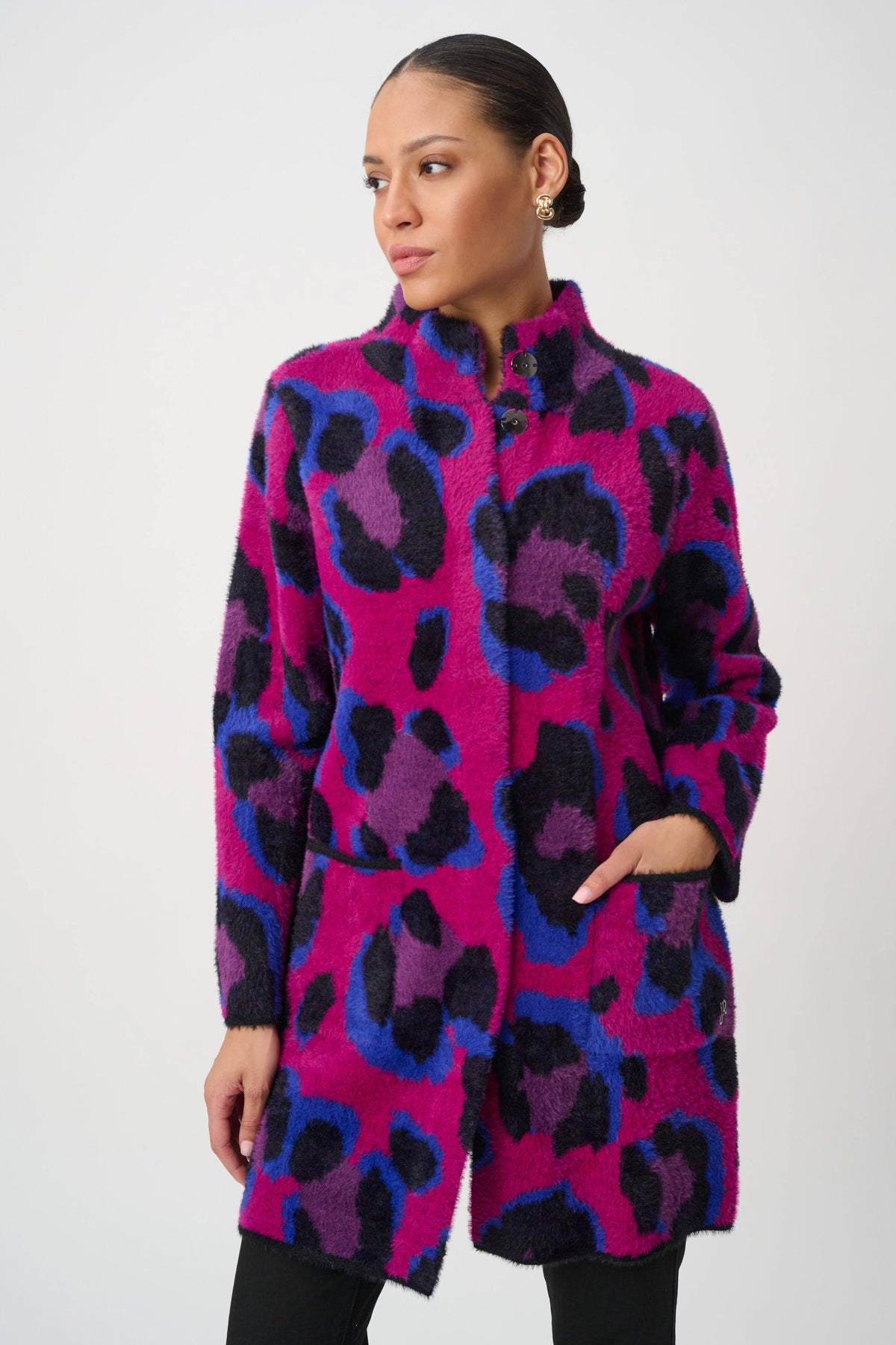 Joseph Ribkoff Black/Multi Animal Print Sweater Coat