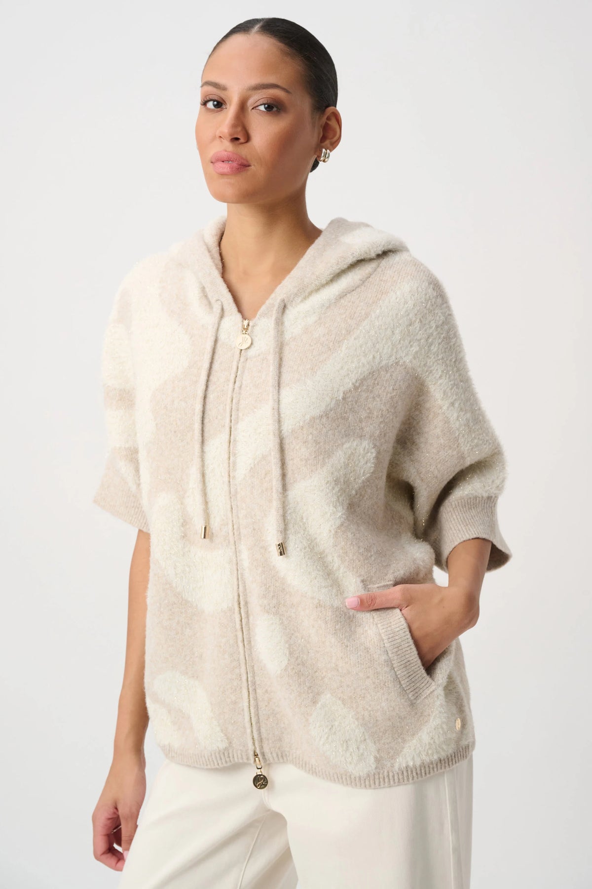 Joseph Ribkoff Oatmeal/Melange Gold Hooded Animal Print Sweater