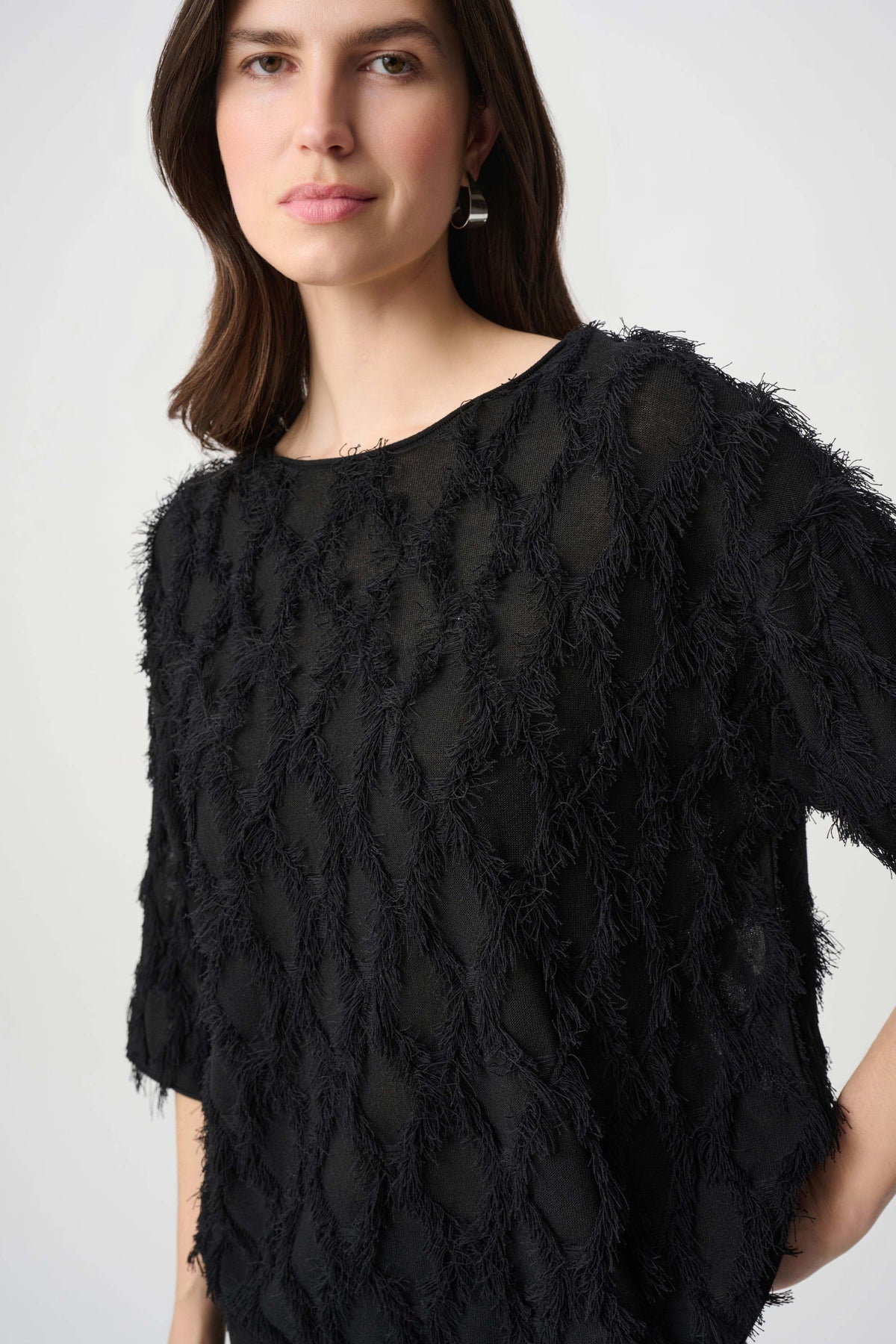 Joseph Ribkoff Black Boat Neck Fringe Sweater
