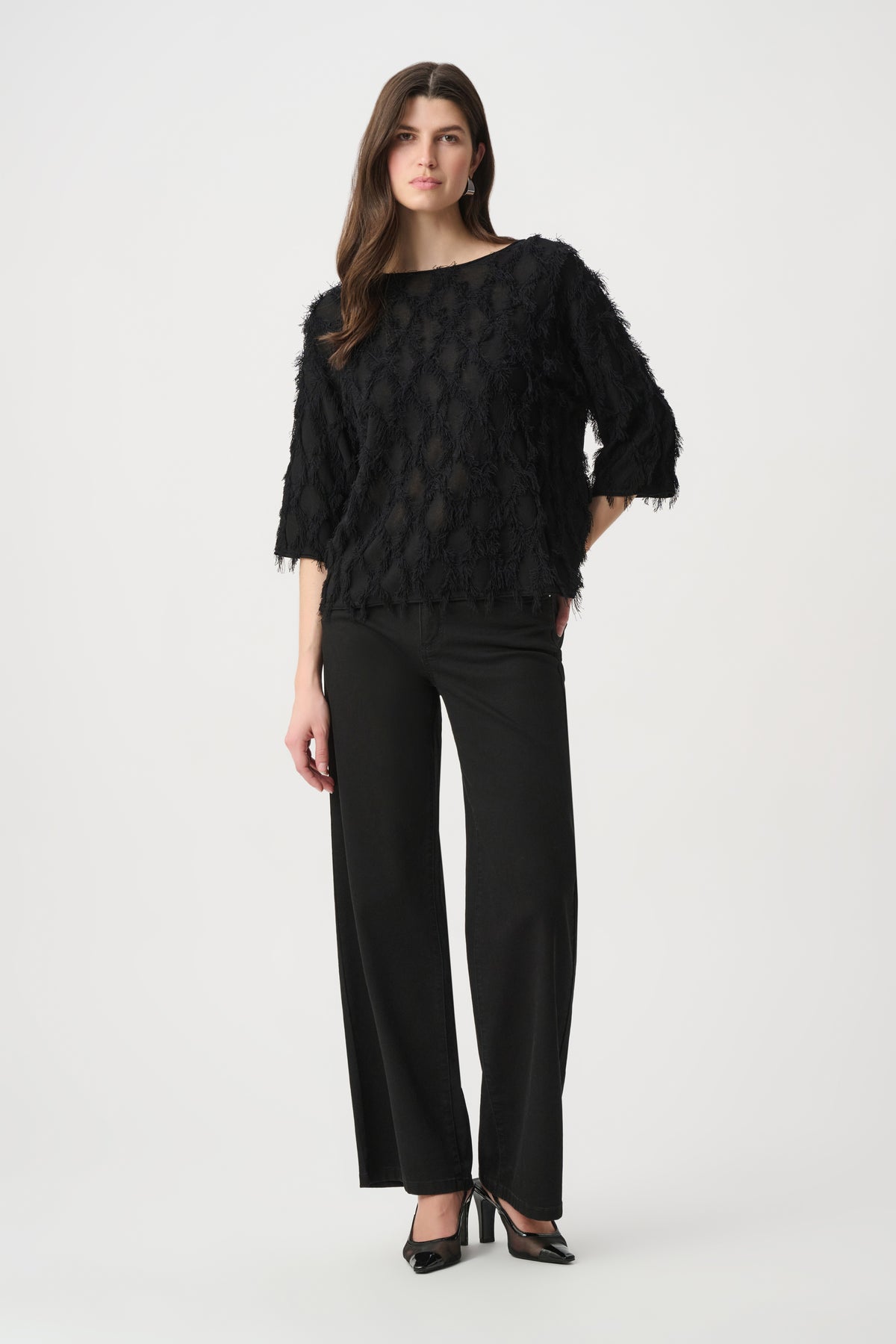 Joseph Ribkoff Black Boat Neck Fringe Sweater