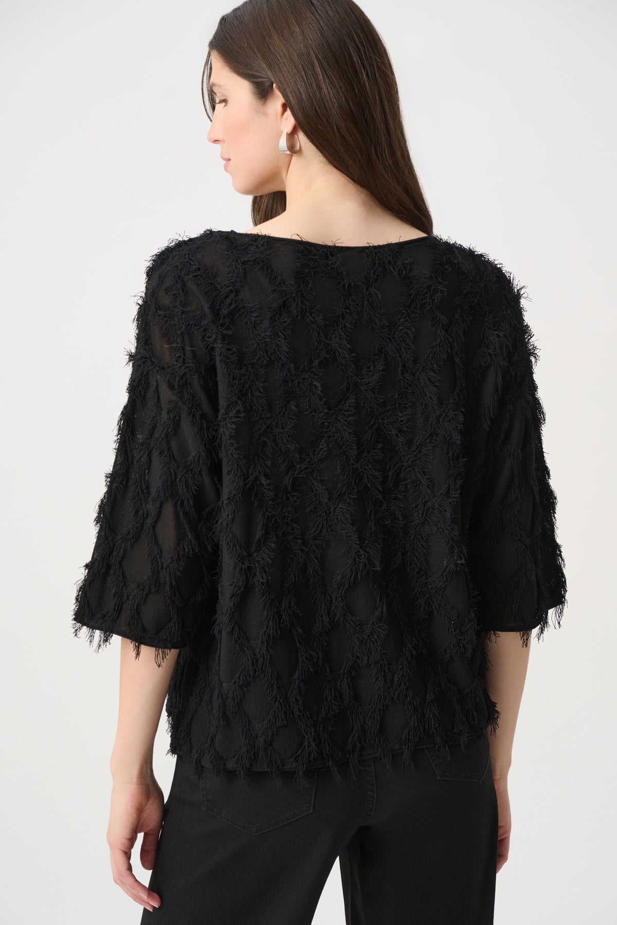 Joseph Ribkoff Black Boat Neck Fringe Sweater
