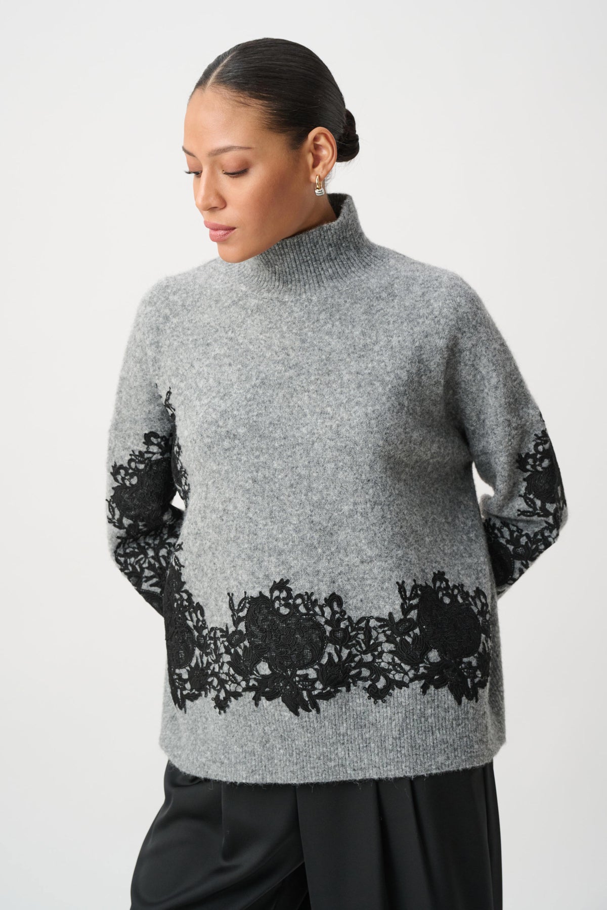 Joseph Ribkoff Grey Melange/Black Lace Applique Mock Neck Sweater