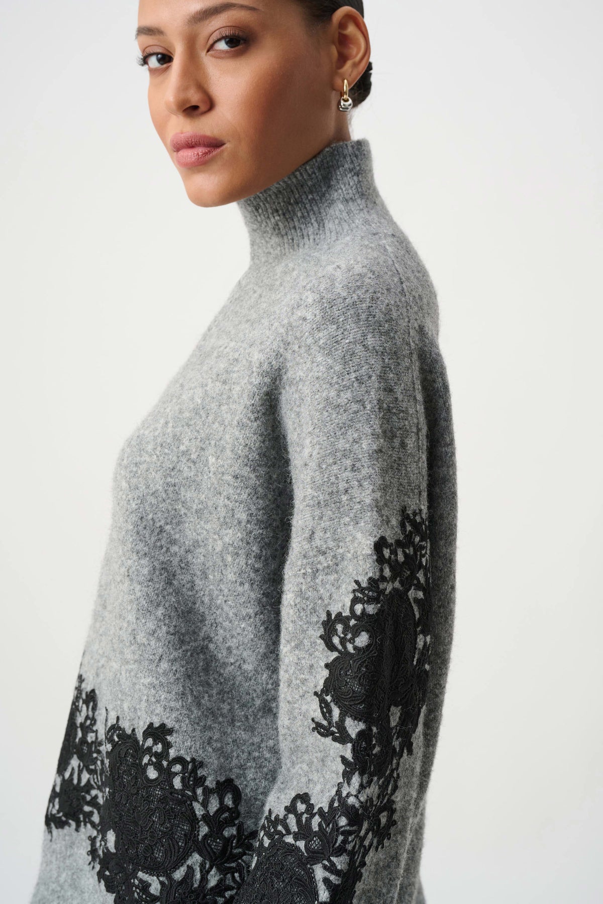 Joseph Ribkoff Grey Melange/Black Lace Applique Mock Neck Sweater