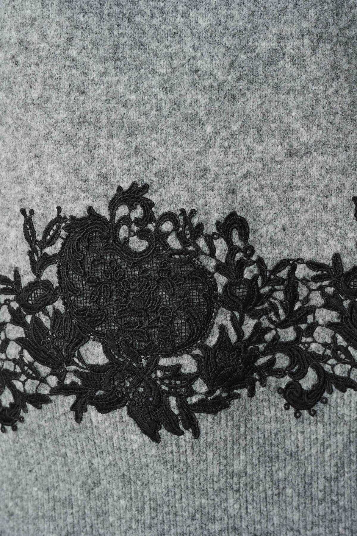 Joseph Ribkoff Grey Melange/Black Lace Applique Mock Neck Sweater