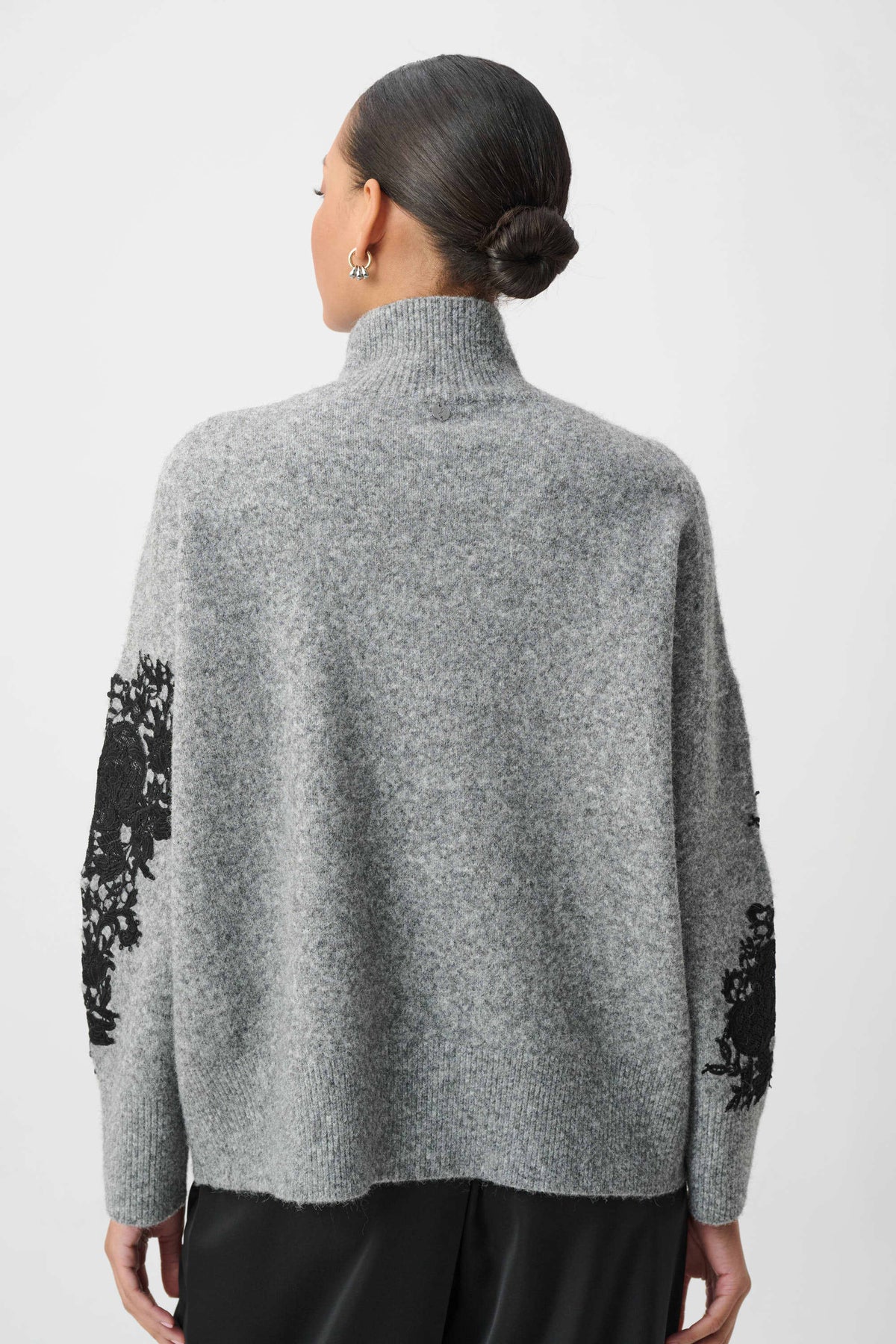 Joseph Ribkoff Grey Melange/Black Lace Applique Mock Neck Sweater