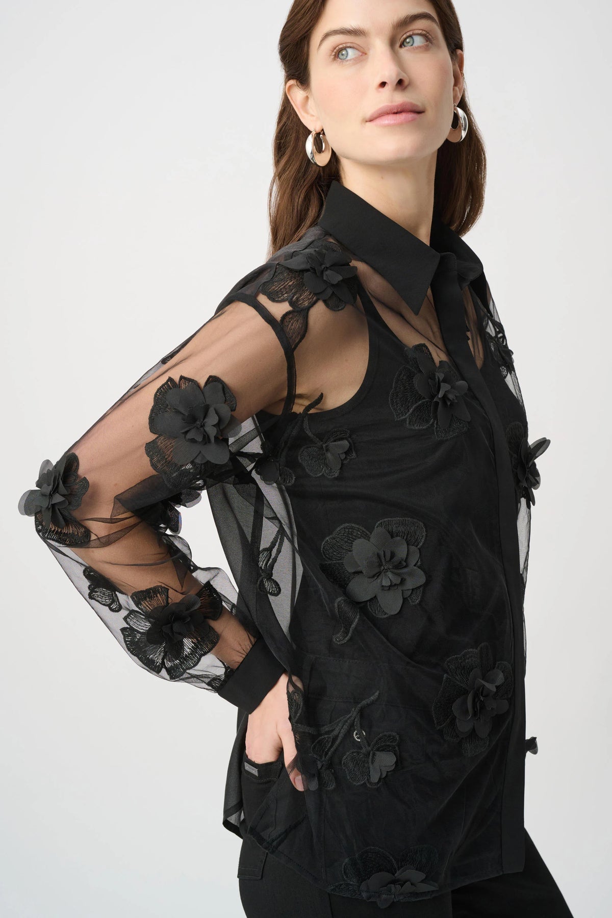 Joseph Ribkoff Black Sheer Textured Flower Appliqué Blouse