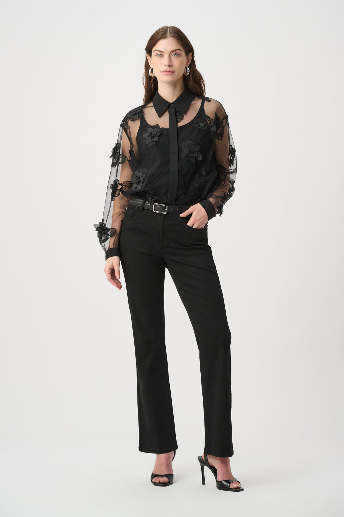 Joseph Ribkoff Black Sheer Textured Flower Appliqué Blouse