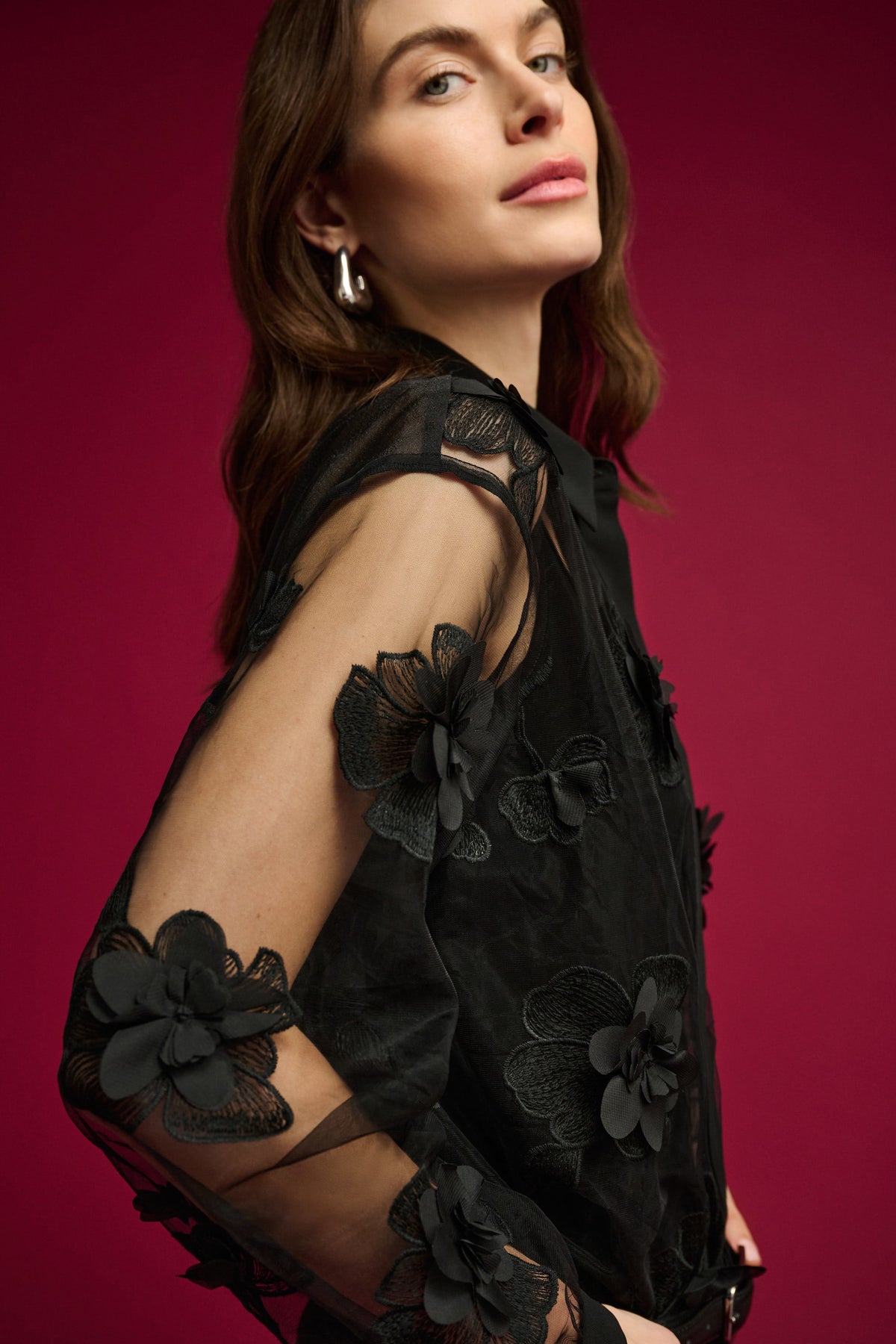 Joseph Ribkoff Black Sheer Textured Flower Appliqué Blouse