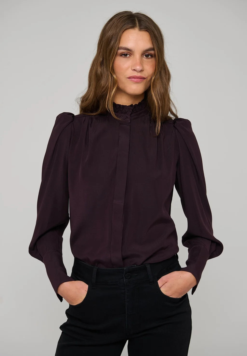 Dea Kudibal Roberta Berry Wine Stretch Silk Shirt With Ruffle Details