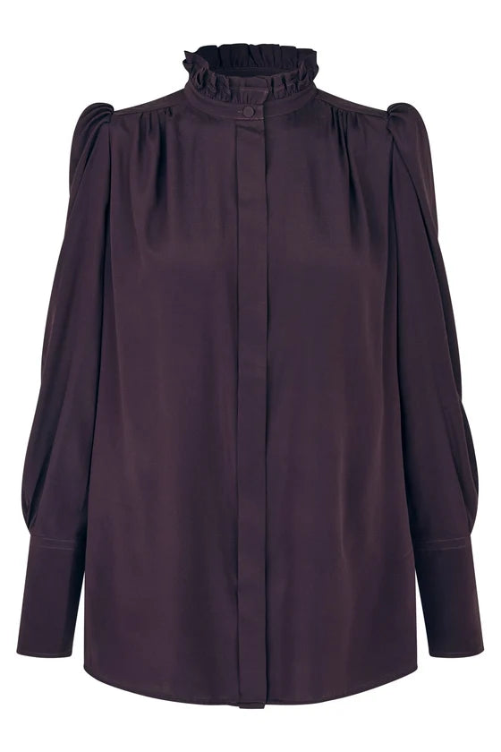 Dea Kudibal Roberta Berry Wine Stretch Silk Shirt With Ruffle Details