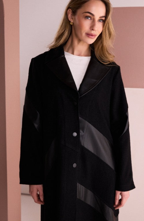 Naya Black Soft Long Line Coat With Leather Insets