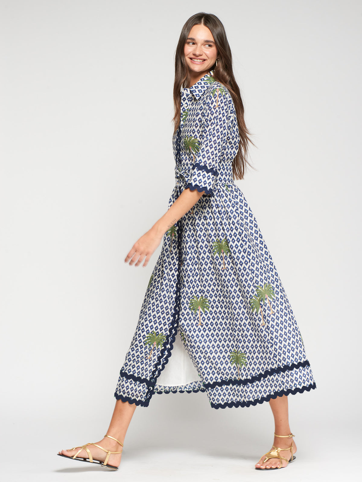 Vilagallo Ikat Palm Printed Cotton Midi Dress