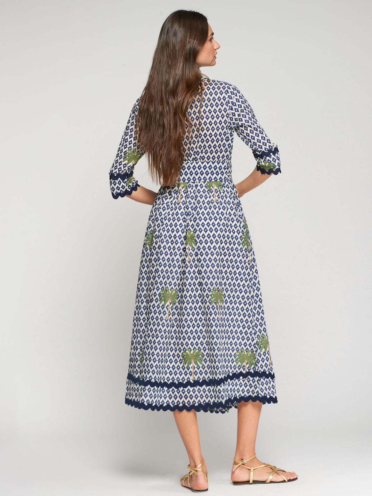 Vilagallo Ikat Palm Printed Cotton Midi Dress