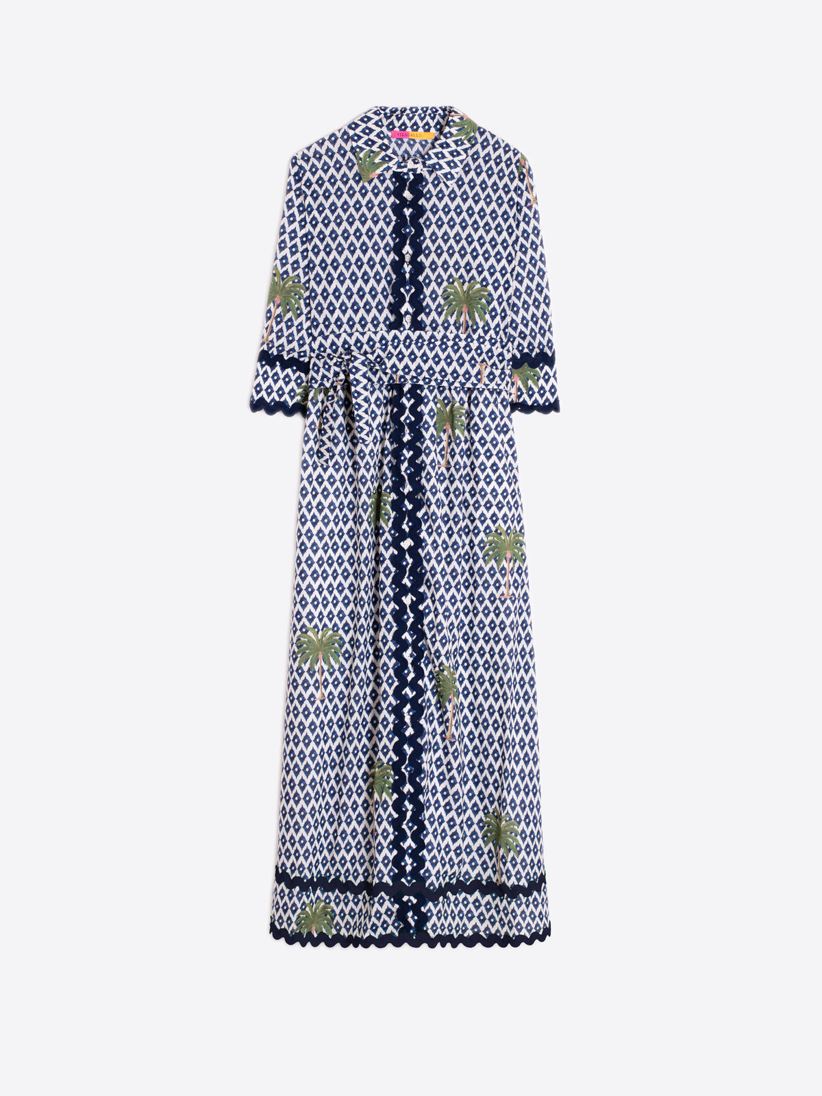 Vilagallo Ikat Palm Printed Cotton Midi Dress