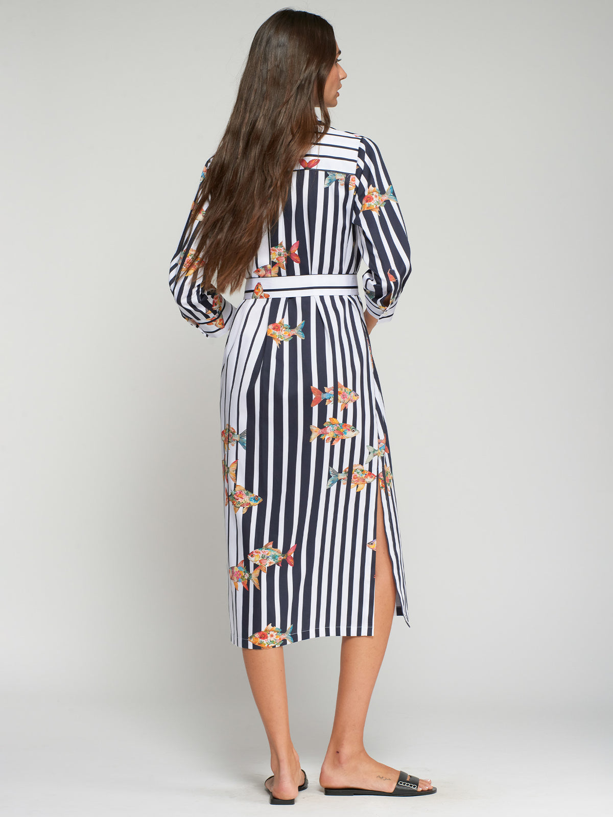 Vilagallo Striped Fish Print Cotton Shirt Dress