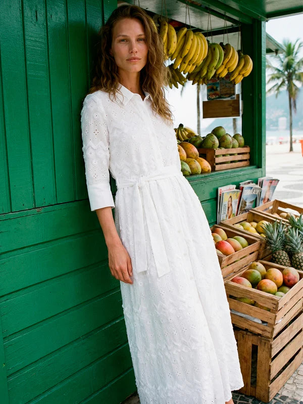 Vilagallo White Embroidered Belted Dress