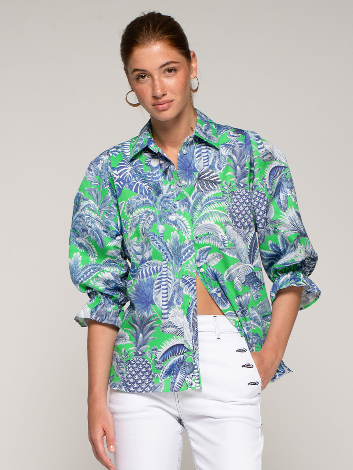 Vilagallo Blue And Green Tropical Print Cotton Shirt