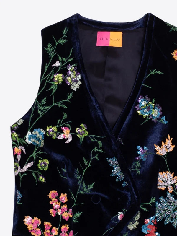 Vilagallo Navy Vest With Floral Embroidery