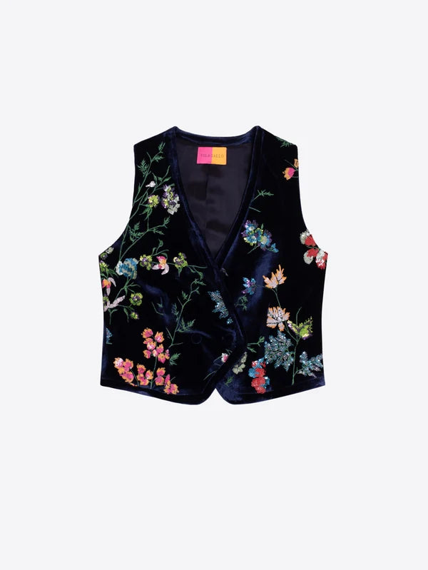 Vilagallo Navy Vest With Floral Embroidery