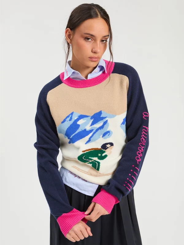 Vilagallo Ecru Navy &amp; Pink Ski Wool Jumper