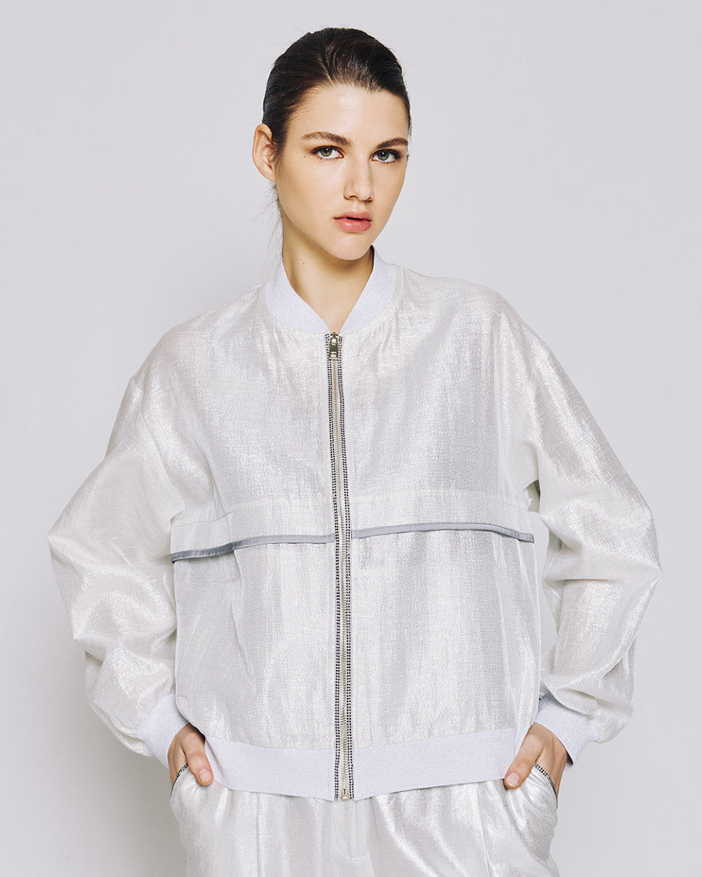 Access Fashion Silver Metallic-Effect Bomber Jacket