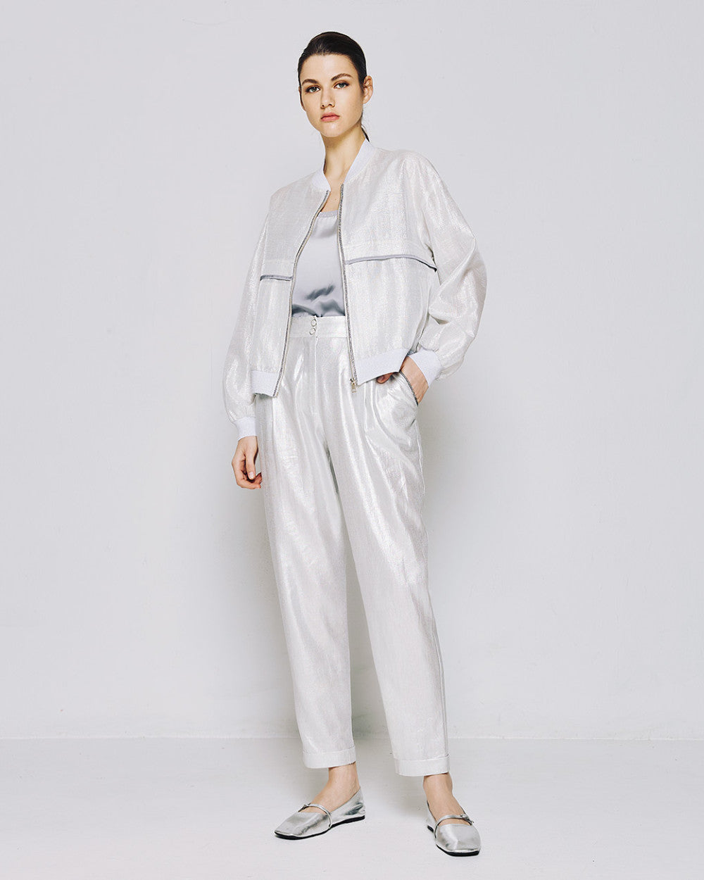 Access Fashion Silver Metallic-Effect Bomber Jacket