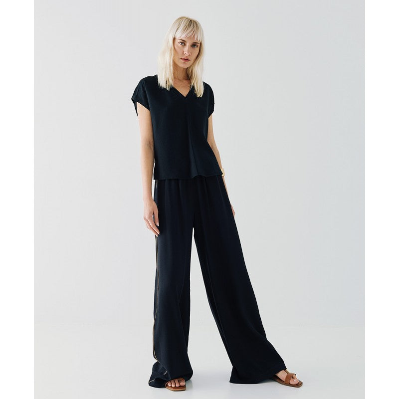 Access Fashion Black V Neck Top With Gold Piping