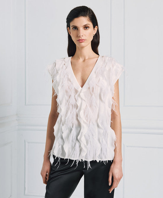 Access Fashion White Sleeveless Blouse With Ruffles And Feathers