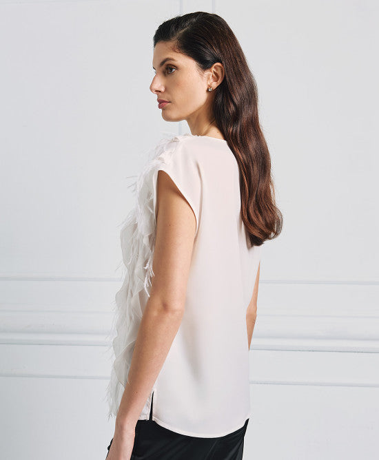 Access Fashion White Sleeveless Blouse With Ruffles And Feathers