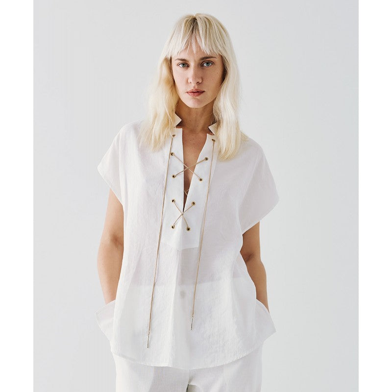 Access Fashion White Blouse With Drawstrings On Neckline
