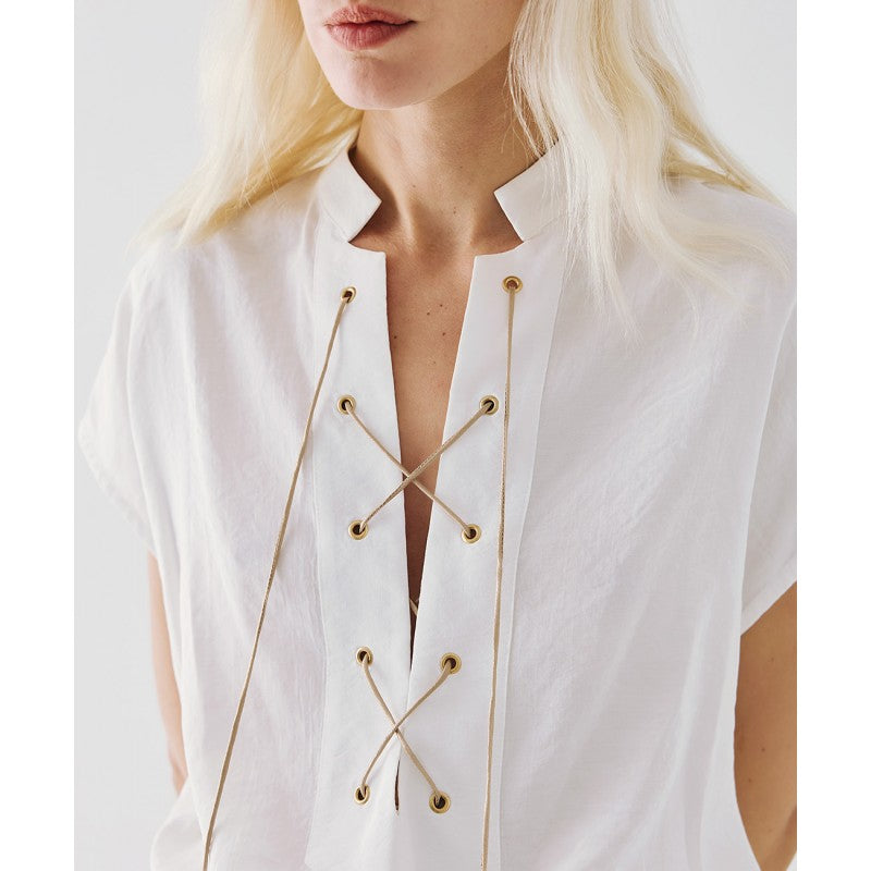 Access Fashion White Blouse With Drawstrings On Neckline