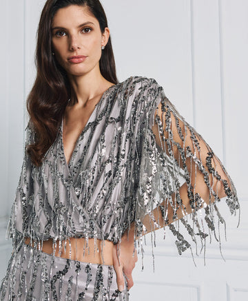 Access Fashion Silver Wrap Top With Sequin Fringes