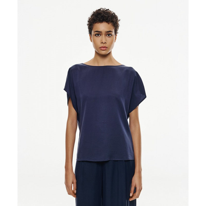 Access Fashion Navy Short Sleeve Blouse With A Boat Neckline