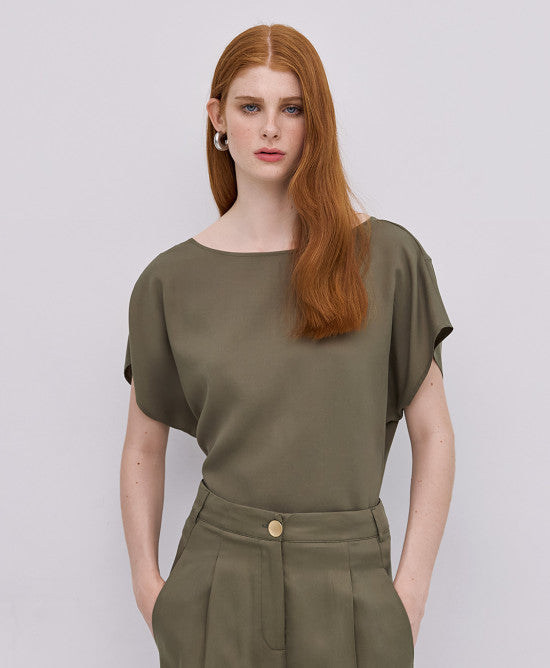 Access Fashion Green Short Sleeve Blouse With A Boat Neckine